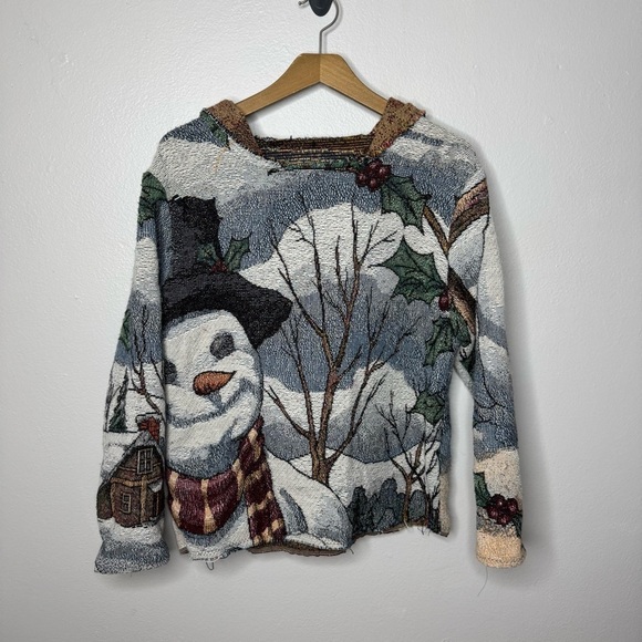 Handmade Vintage Blanket Quilt Sweatshirt Hoodie Snowman Winter All Over Print - Picture 1 of 9